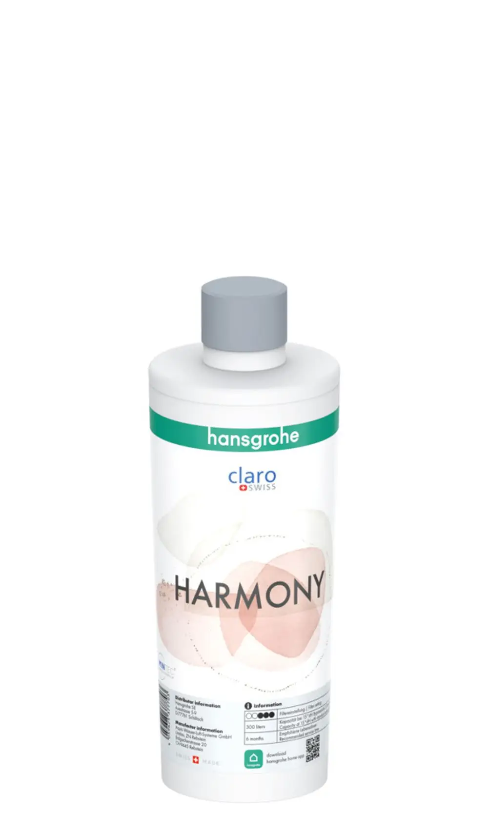Weißer Behälter mit grauem Deckel, beschriftet mit „HARMONY“ und Informationen zur Mineralisierung und Filterung von Hansgrohe. Rückseite zeigt Nährwert- und Herstellinformationen.